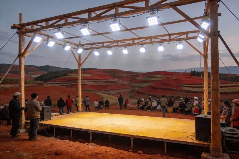 乡村舞台演出日落梯田背景图片