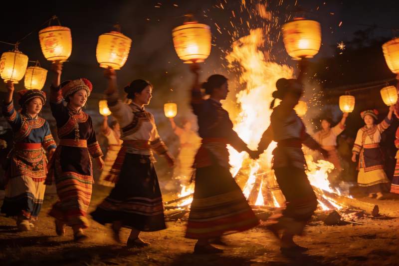 民族女子篝火晚会手持灯笼欢庆图片