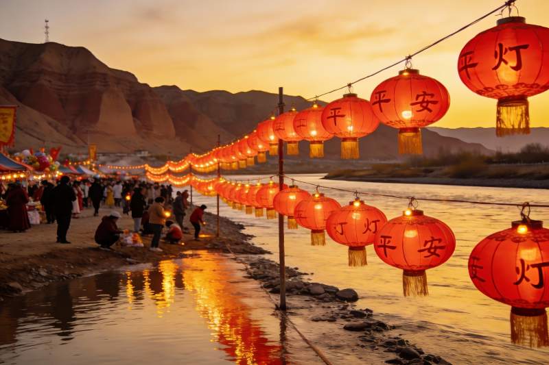 河边夜市灯笼高挂人群熙攘图片