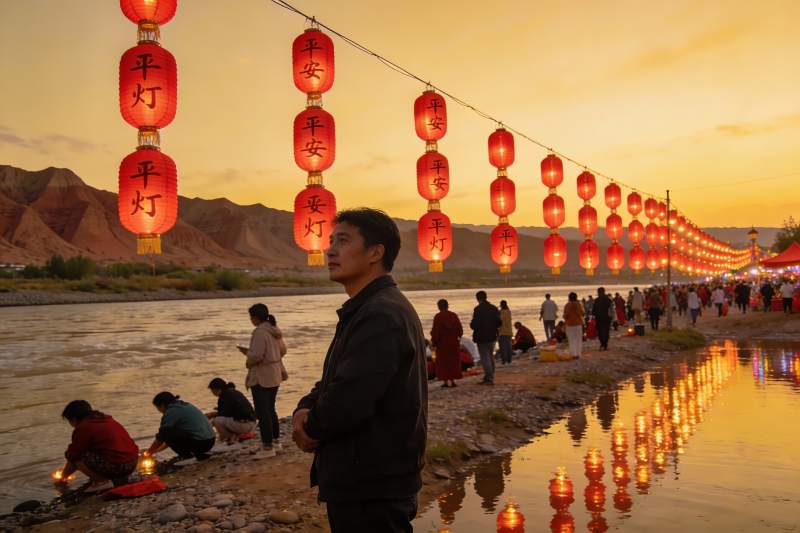 河边灯笼节庆夜景图片
