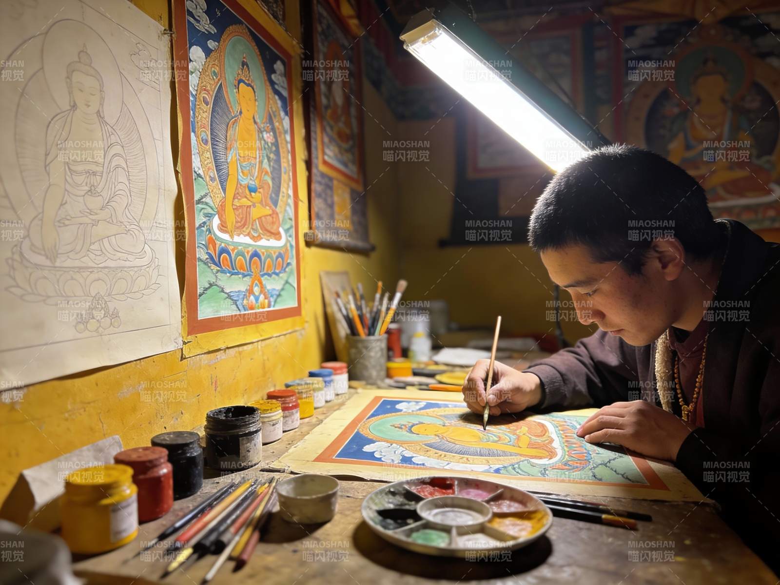 僧人专注绘制唐卡艺术图片