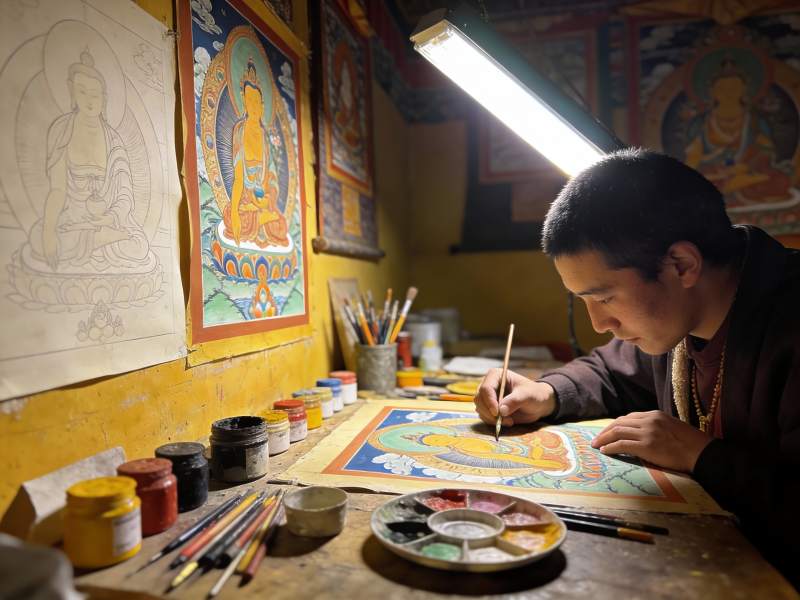 僧人专注绘制唐卡艺术图片