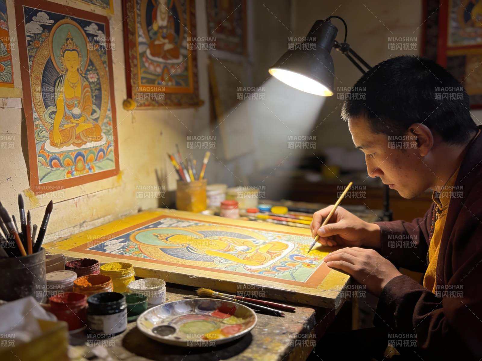 僧侣专注绘制唐卡艺术图片