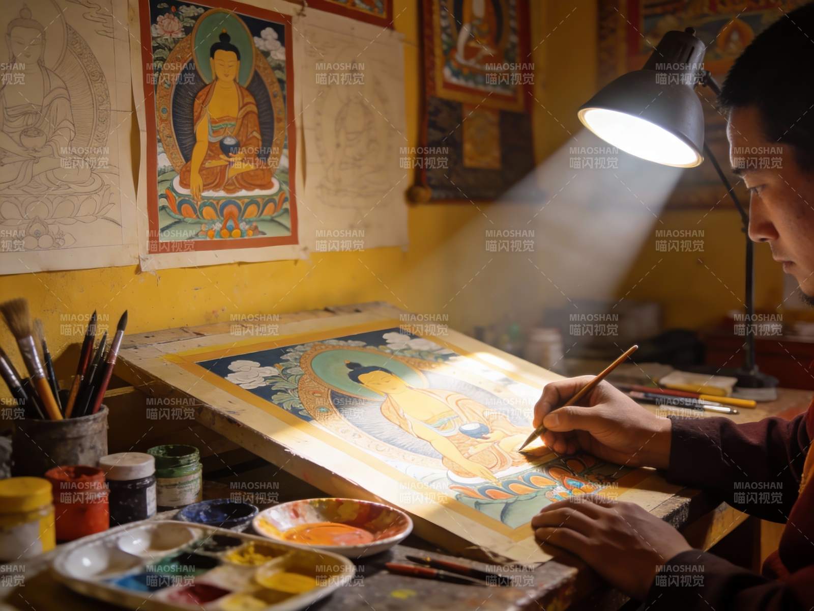 僧侣专注绘制佛像画图片