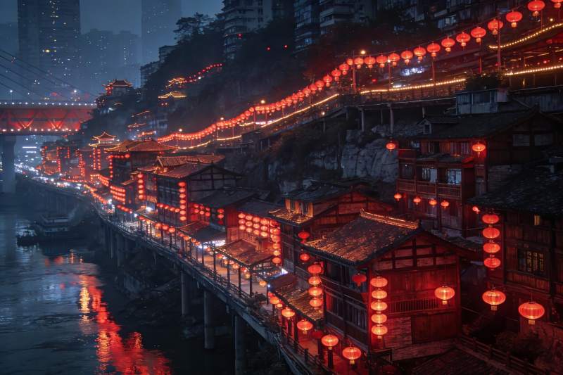 夜色江畔古建筑群灯火辉煌图片