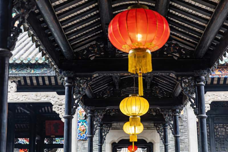 古建筑廊檐红黄灯笼高挂图片