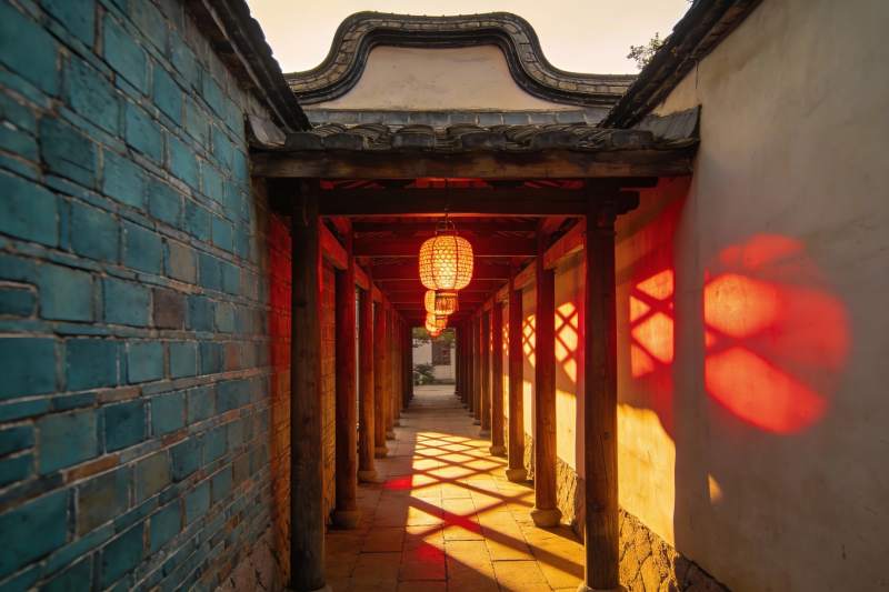 古建筑长廊夕阳光影图片
