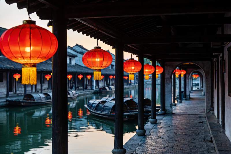 古街水乡夜景红灯笼图片