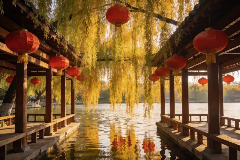 秋日湖畔长廊红灯笼图片