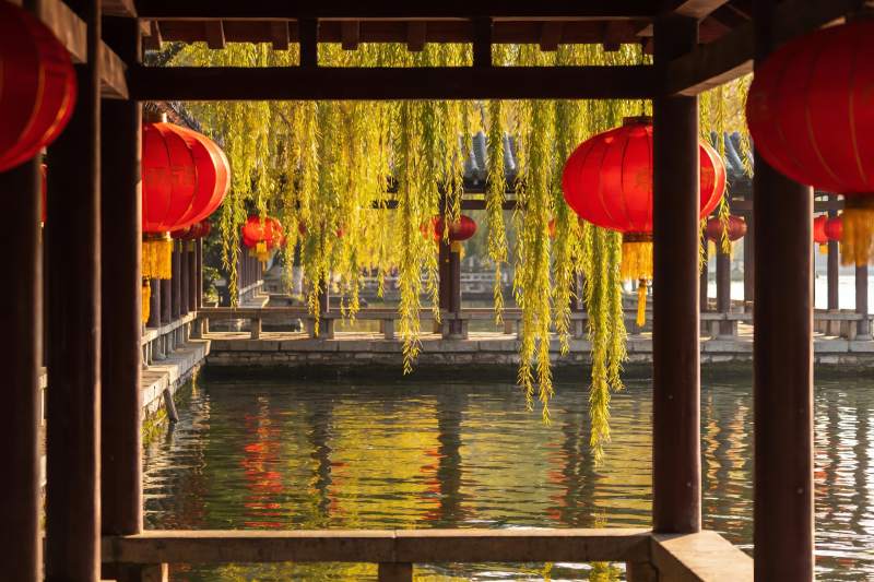 古亭红灯笼垂柳映水景图片