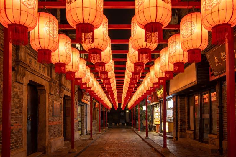 夜色古街红灯笼高挂图片