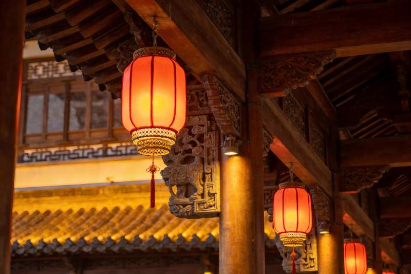 古建筑夜景红灯笼图片