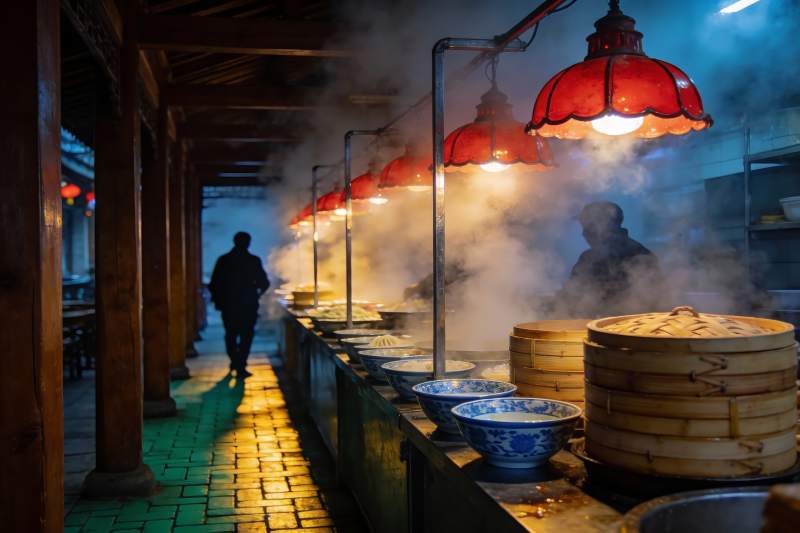 古色古香餐厅热气腾腾美食图片