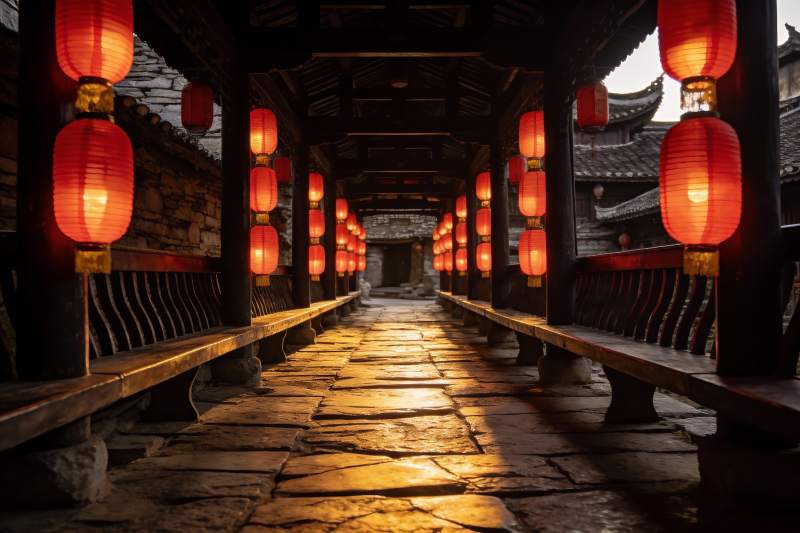 古巷红灯笼映石板路图片