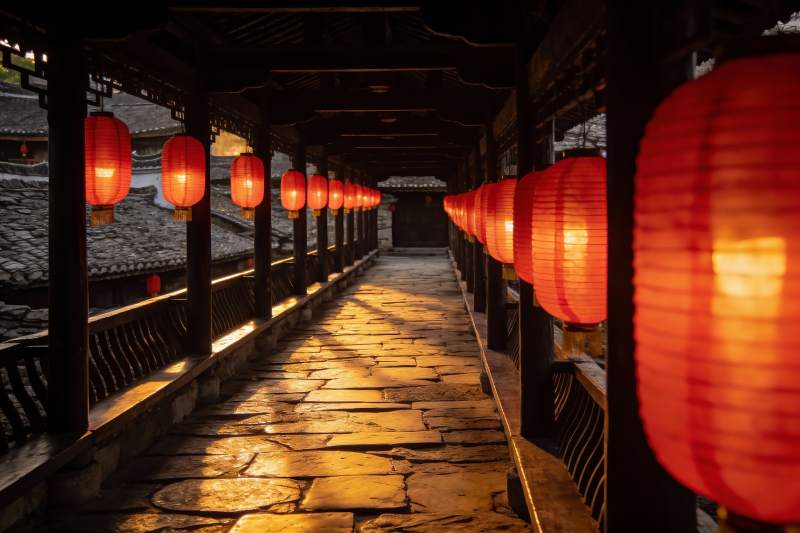 古廊桥红灯笼映衬石板路图片