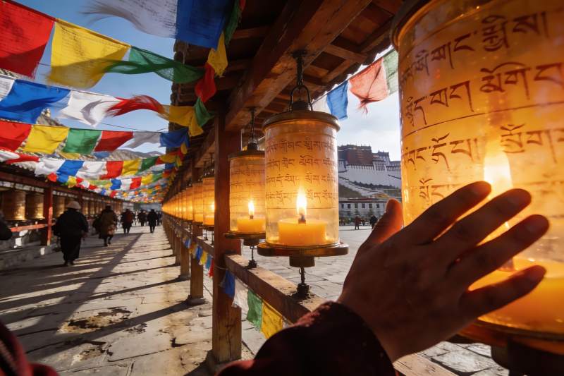 寺庙长廊烛光祈福图片