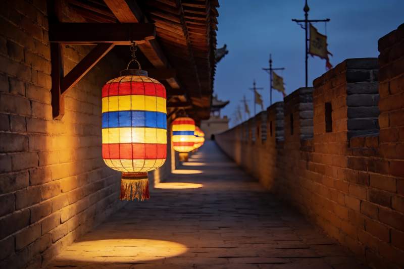 古墙夜灯映照长廊图片