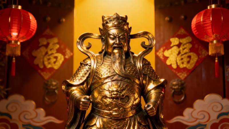 金色神像与红色灯笼装饰图片