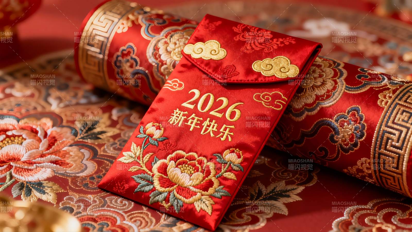 红色新年红包与织锦装饰图片