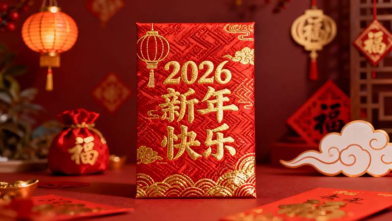 红色新年红包与节日装饰图片