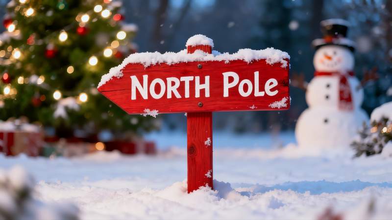 雪地圣诞装饰与北极指示牌图片