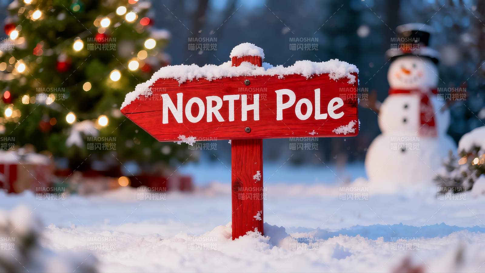 雪地圣诞装饰与北极指示牌图片