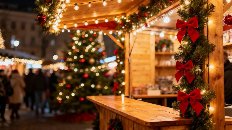 圣诞夜市木屋灯光璀璨图片