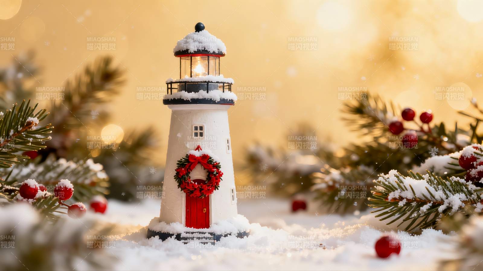 雪中圣诞灯塔与松枝图片