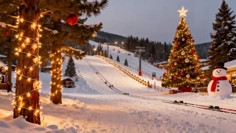 雪地圣诞树与滑雪场夜景图片