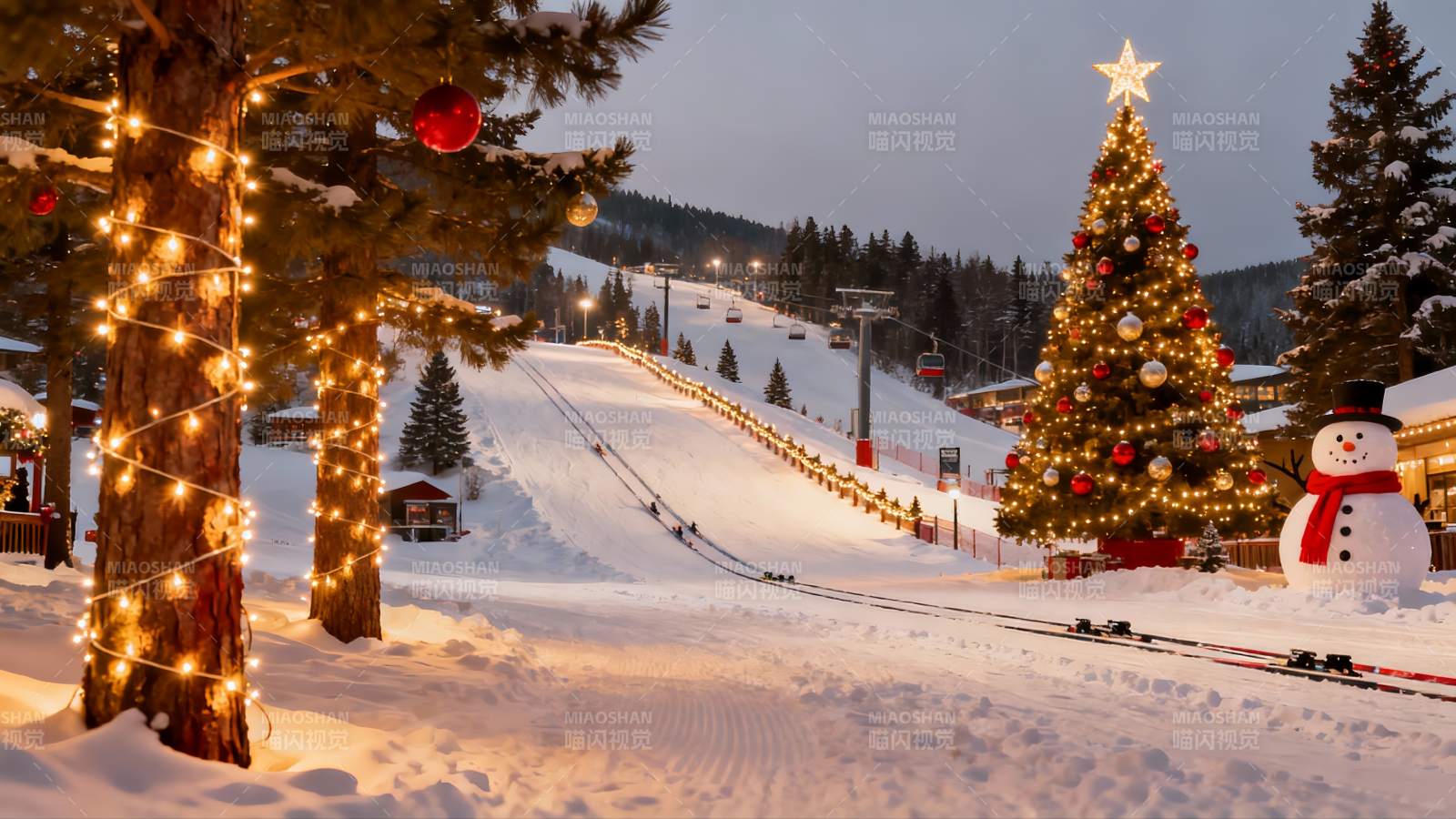 雪地圣诞树与滑雪场夜景图片