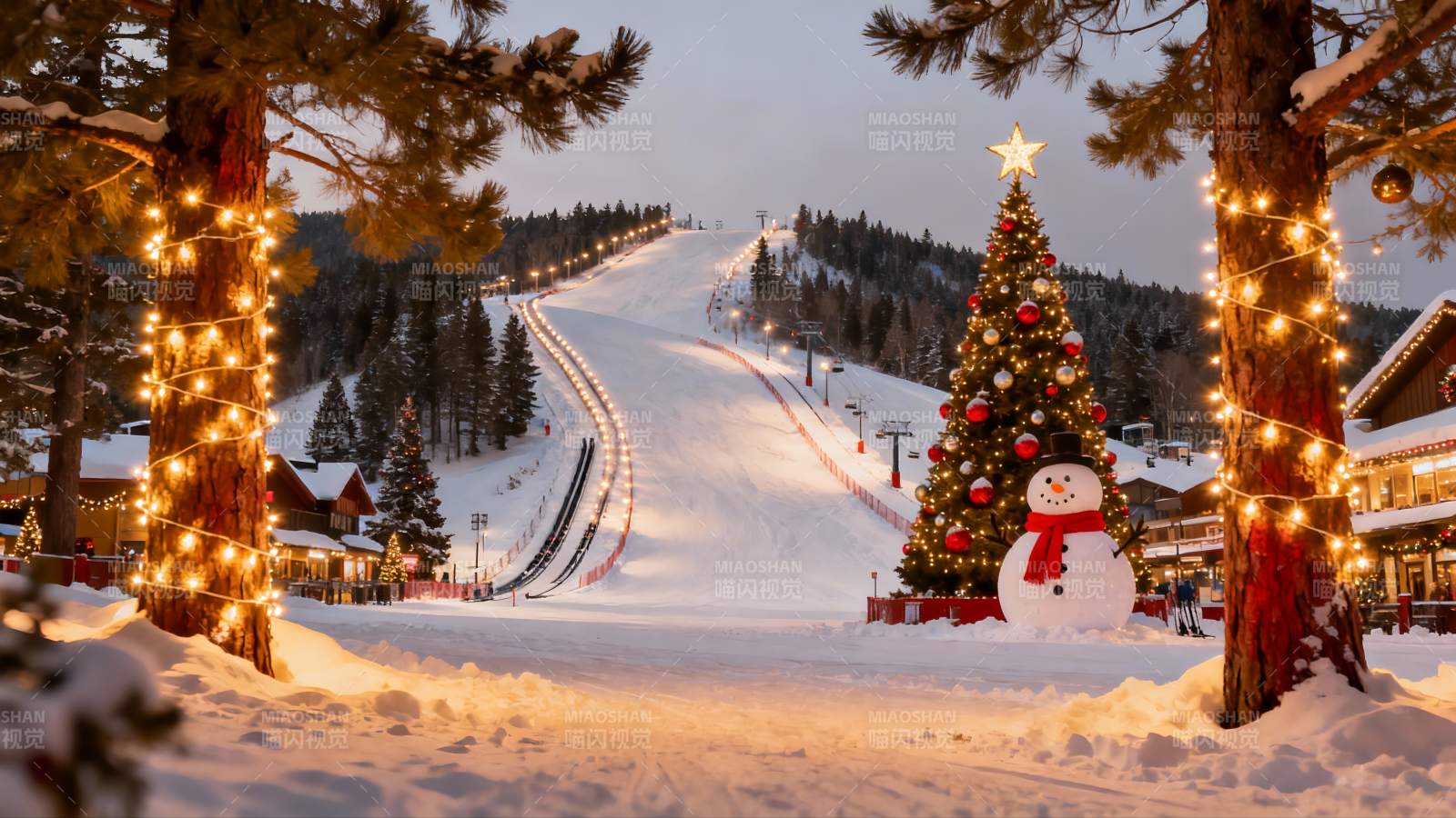雪地圣诞树与滑雪场夜景图片