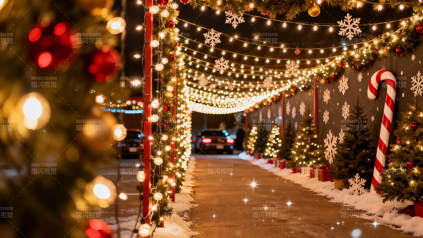 圣诞夜街道灯光装饰图片