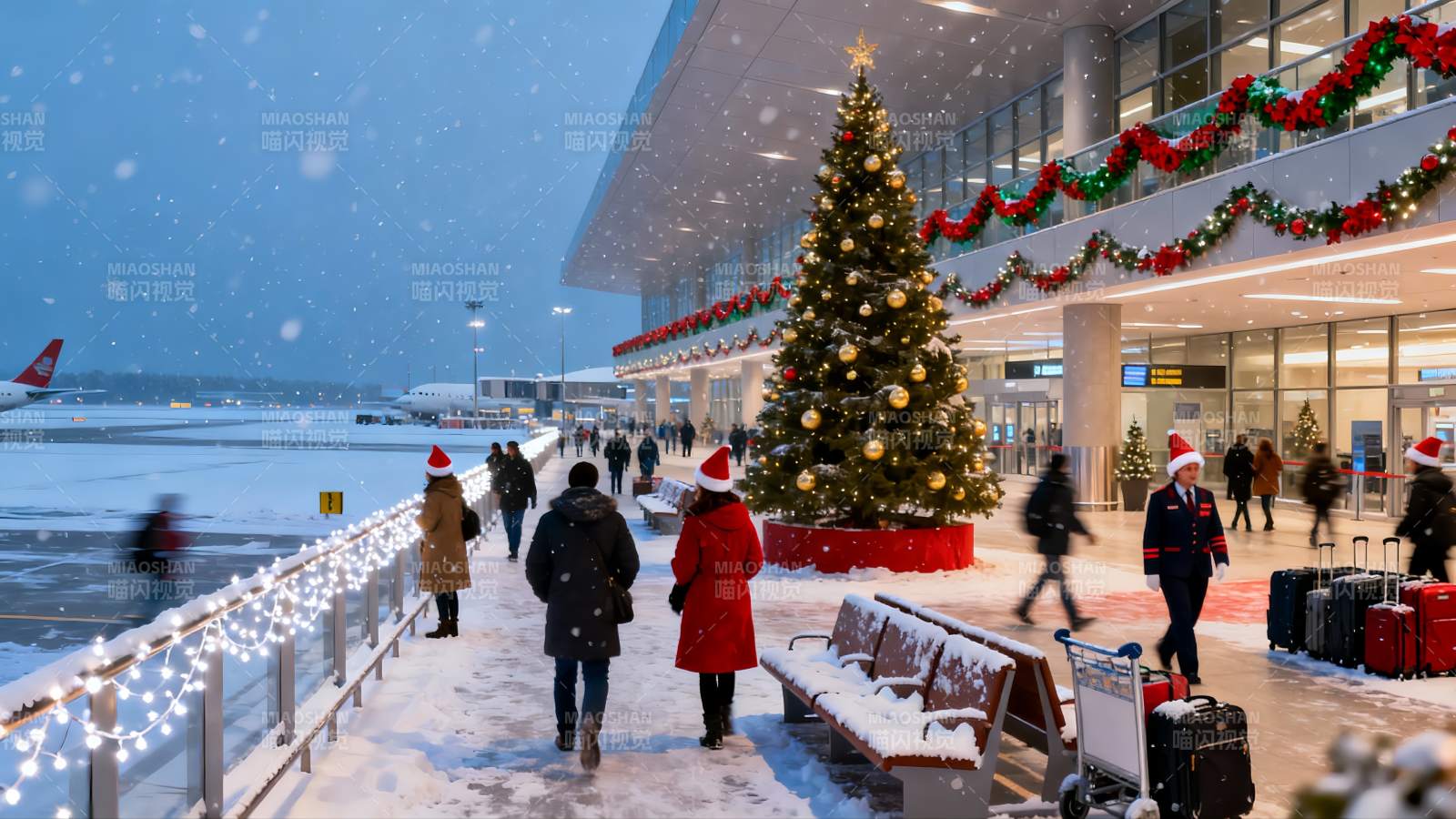 雪中机场圣诞装饰与行人图片