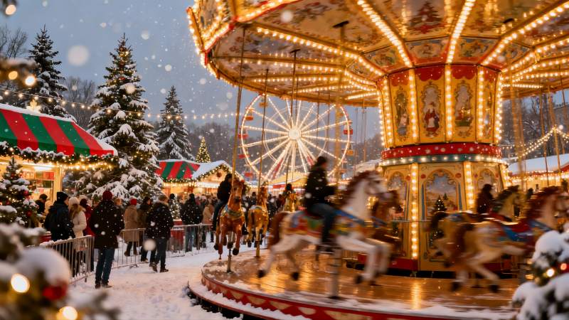 雪夜旋转木马节日集市图片