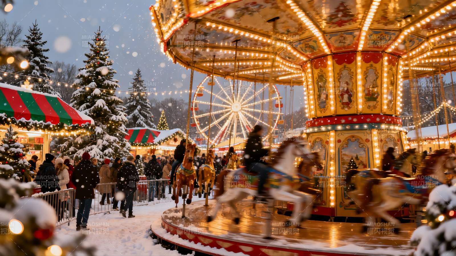 雪夜旋转木马节日集市图片