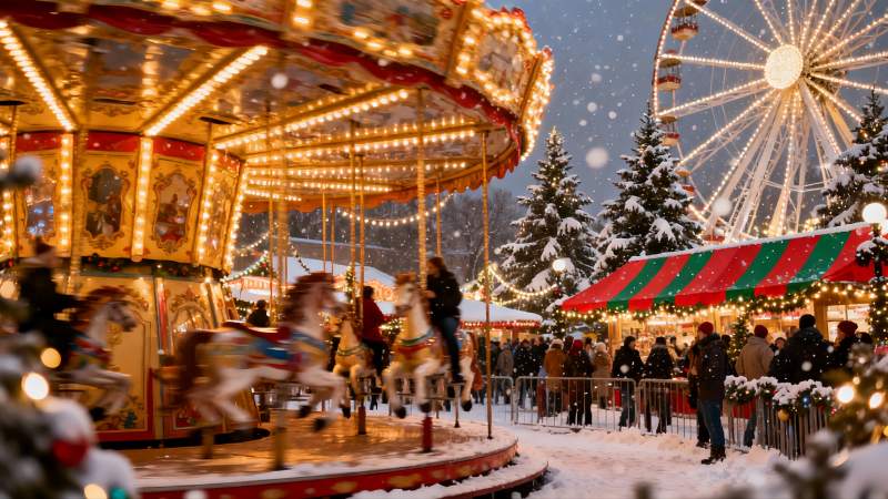 雪夜旋转木马与摩天轮图片