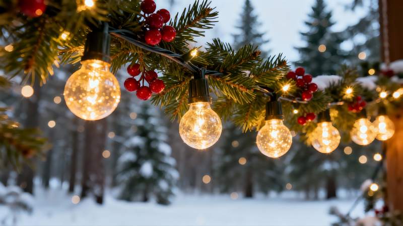 雪夜松枝挂灯饰图片