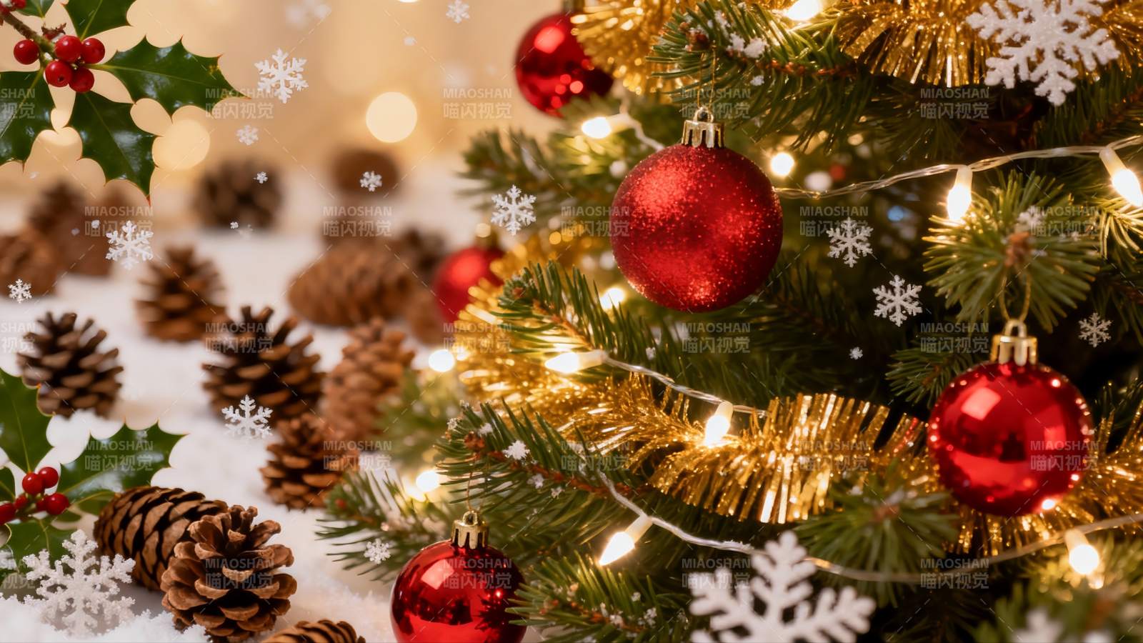 圣诞树装饰与松果雪景图片