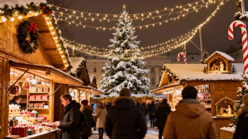 圣诞夜市灯火辉煌人群熙攘图片