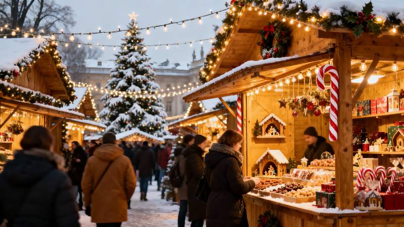 雪夜圣诞集市灯火辉煌图片