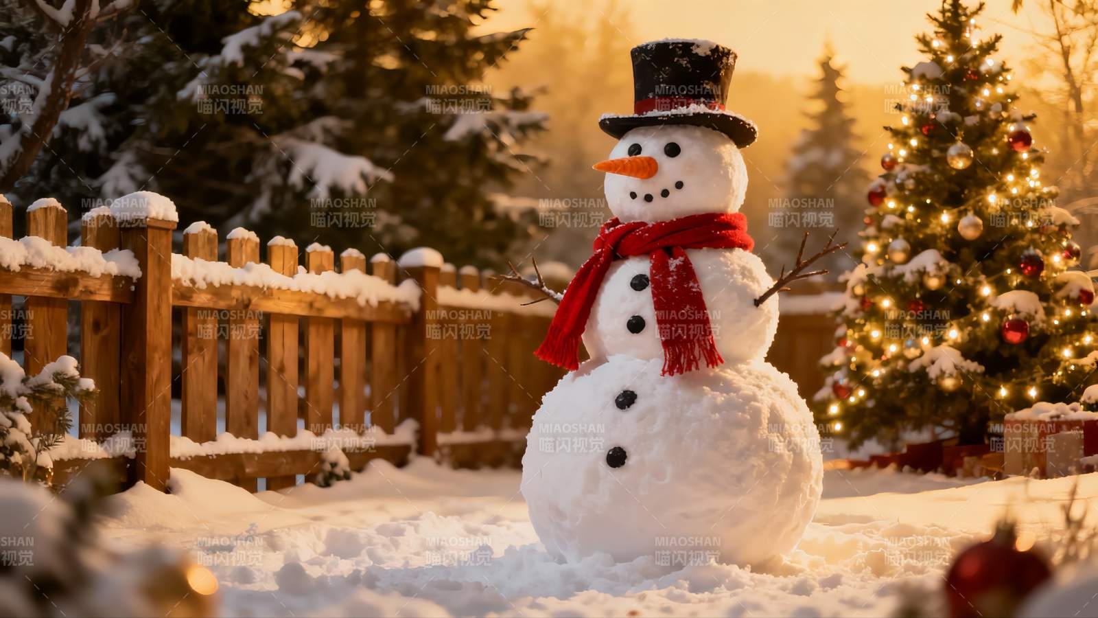 雪地圣诞树旁的雪人图片