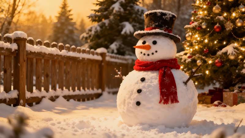 雪地圣诞树旁的雪人图片