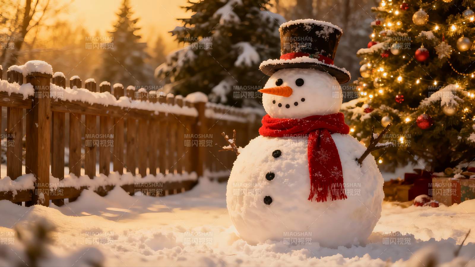 雪地圣诞树旁的雪人图片