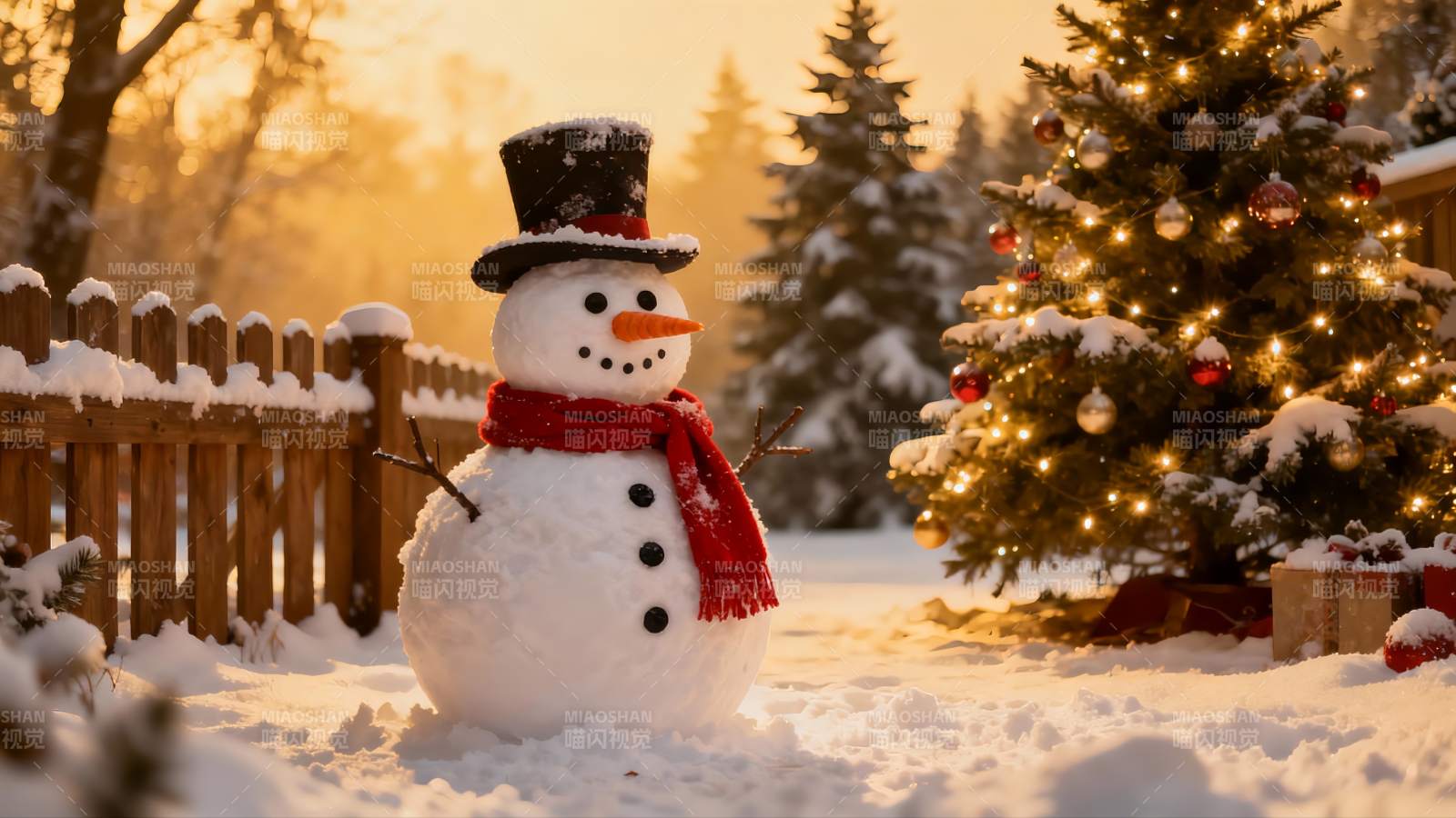 雪地圣诞树与雪人图片