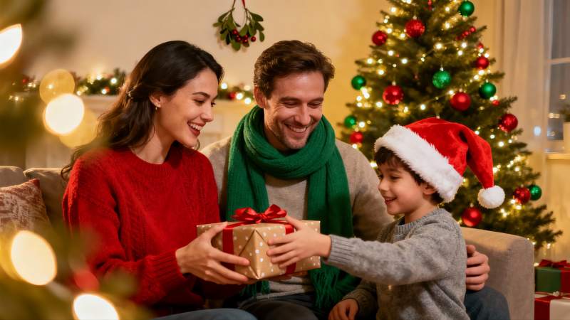 圣诞家庭温馨送礼场景图片