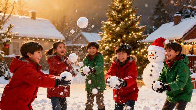 雪地儿童玩雪欢乐场景图片