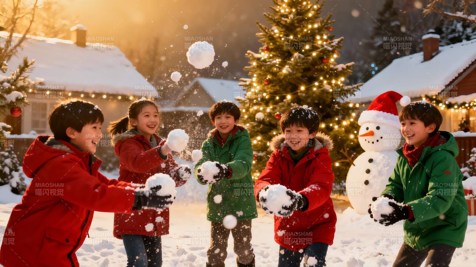 雪地儿童玩雪欢乐场景图片