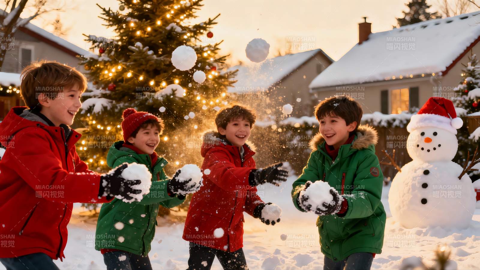 四个男孩雪地打雪仗欢乐场景图片