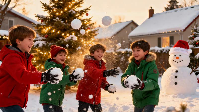 四个男孩雪地打雪仗欢乐场景图片