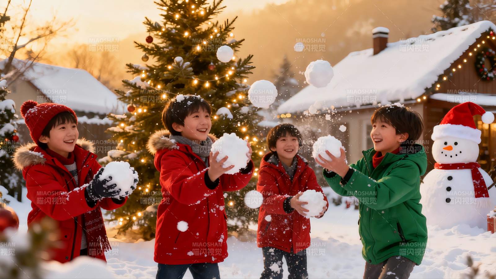 四个孩子雪地打雪仗欢乐场景图片